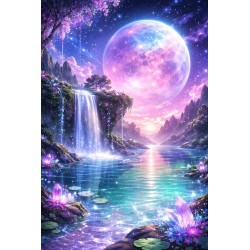 dreamy moon waterfall lake scenery