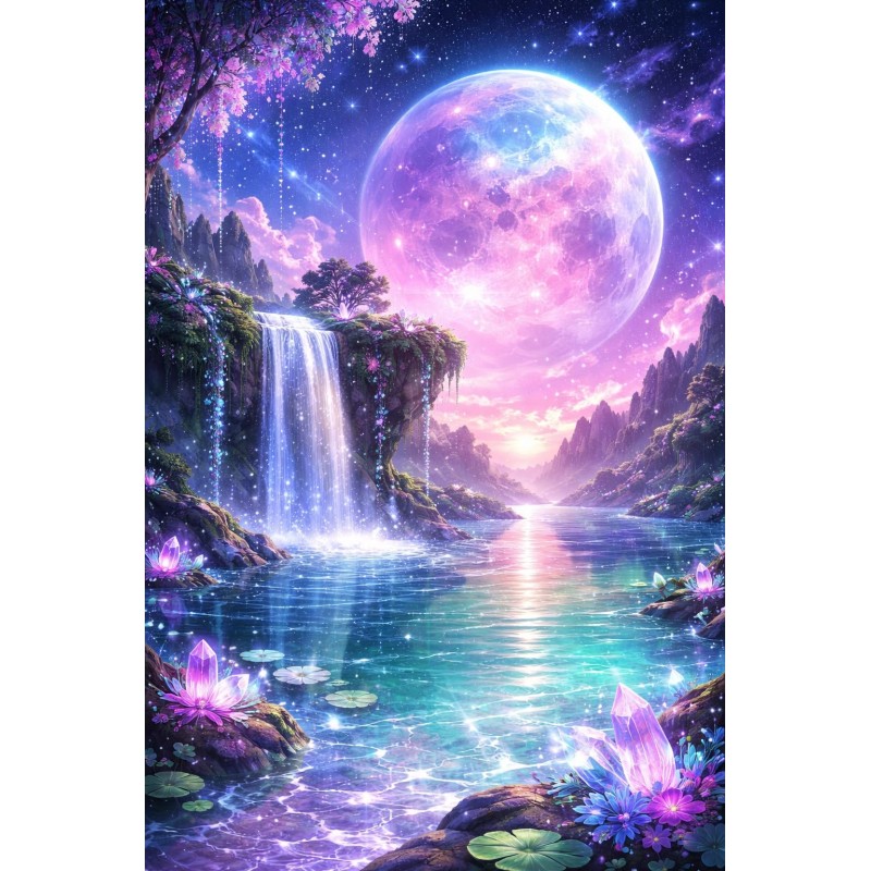 dreamy moon waterfall lake scenery