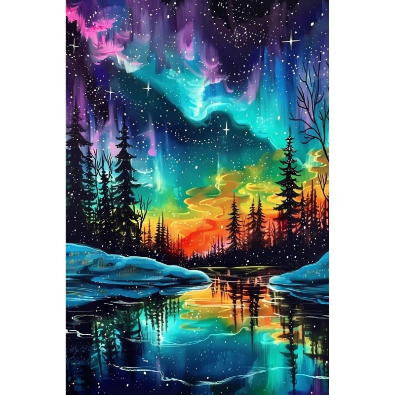 Aurora starry night forest